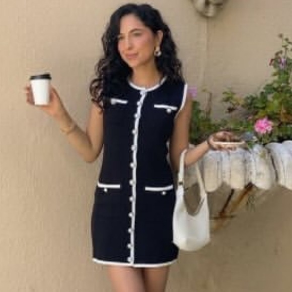 Commense Sleeveless Sweater Mini Dress Button-Front Contrast Trim Black White M - Picture 10 of 10